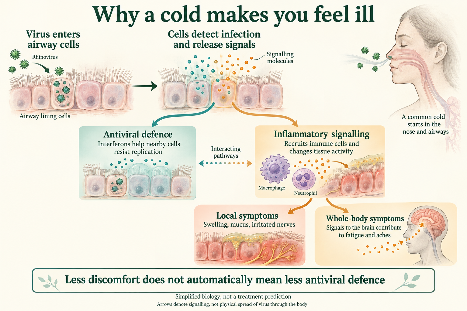 Infected airway cells release signals. Interferons help neighbouring cells resist viral replication; interacting inflammatory pathways recruit immune cells and contribute to local swelling, mucus, fatigue and aches. Less discomfort does not automatically mean less antiviral defence.
